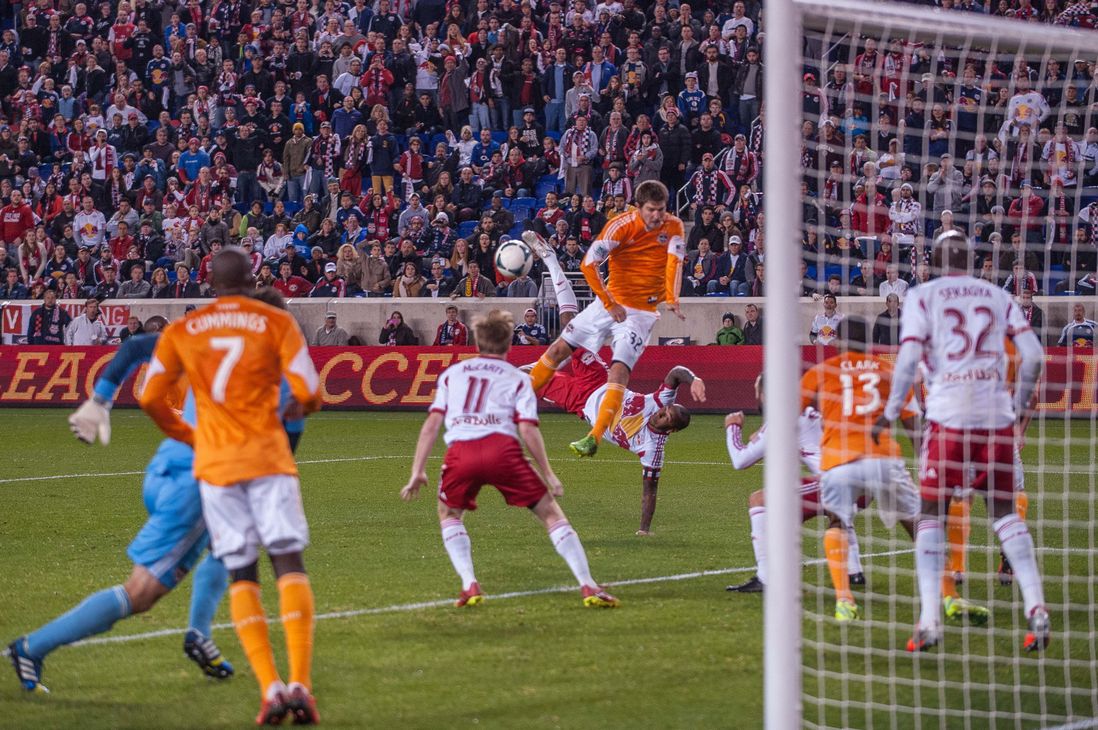 Thierry Henry goes for a bicycle kick to try and find another goal for New York.